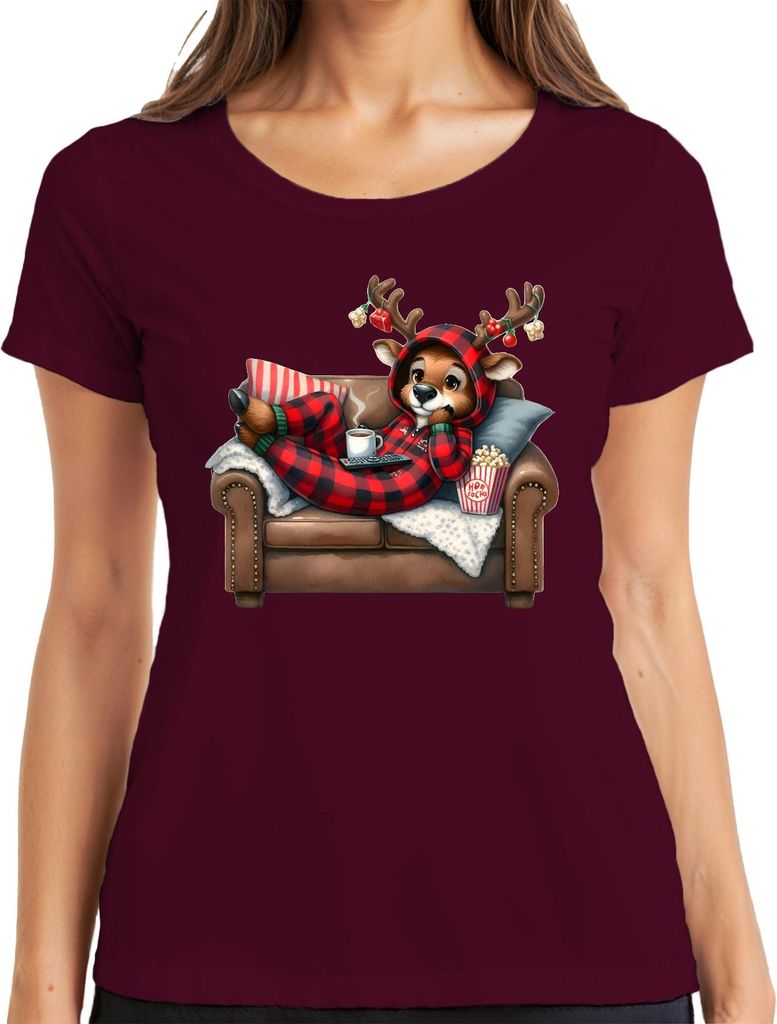 Rentier Karo Schlafanzug gemütlich Weihnachten Kinoabend Geschenk Damen T-Shirt, Burgundy, XL
