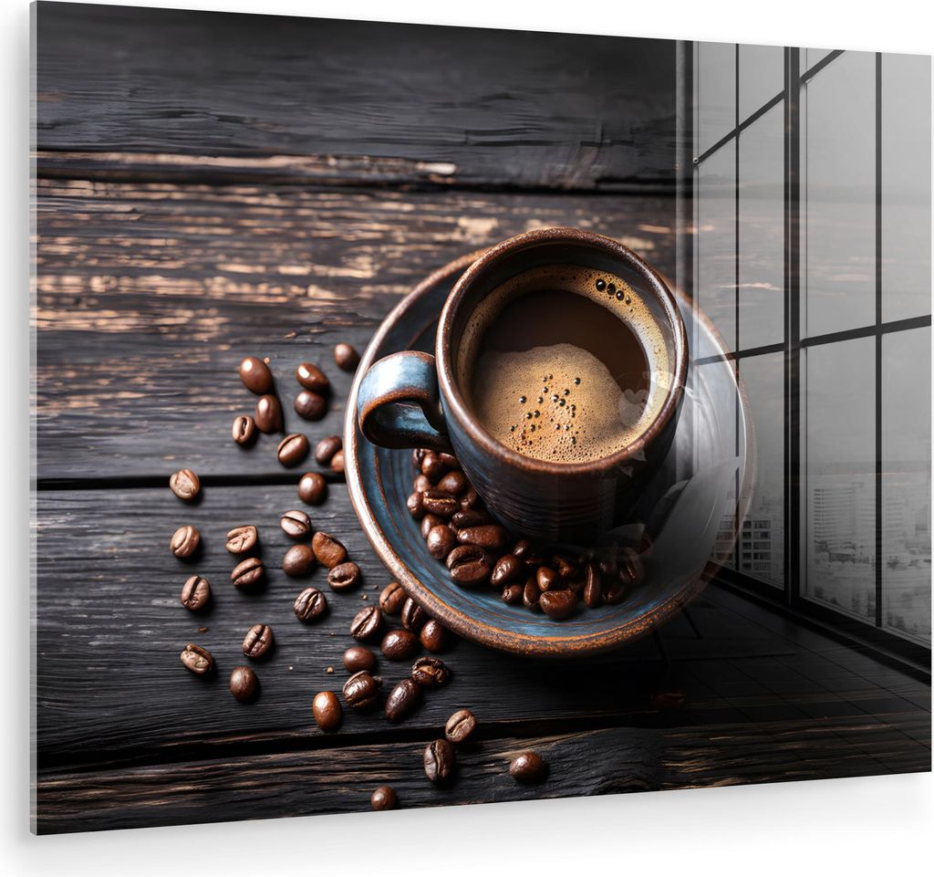 MuchoWow Glasbilder - Bilder auf Wandbild - Foto auf Glas Tasse - Kaffee - Holz - Bohnen 80x60 cm Wanddekoration aus Glas - Acrylglasbild - Acrylbi...