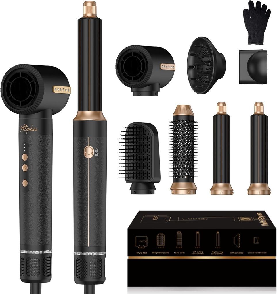 7 in 1 Airstyler 110000 RPM Ionen Haartrockner Set mit Föhn,Rundbürsten Föhnbürste, Lockenstab,Glättbürste,Geschenkset für Haar Volumen,Glä...