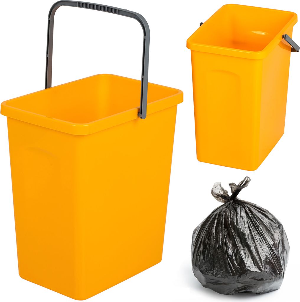 Three yellow buckets and a black trash bag are shown against a white background.