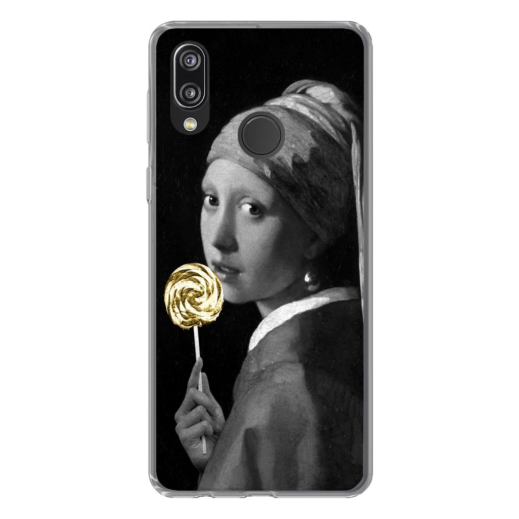 MuchoWow Handyhülle Schutzhülle Hülle für Huawei P20 Lite (2020) Mädchen mit Perlenohrring - Lollipop - Schwarz und Gold Silikon Softcase Ha...