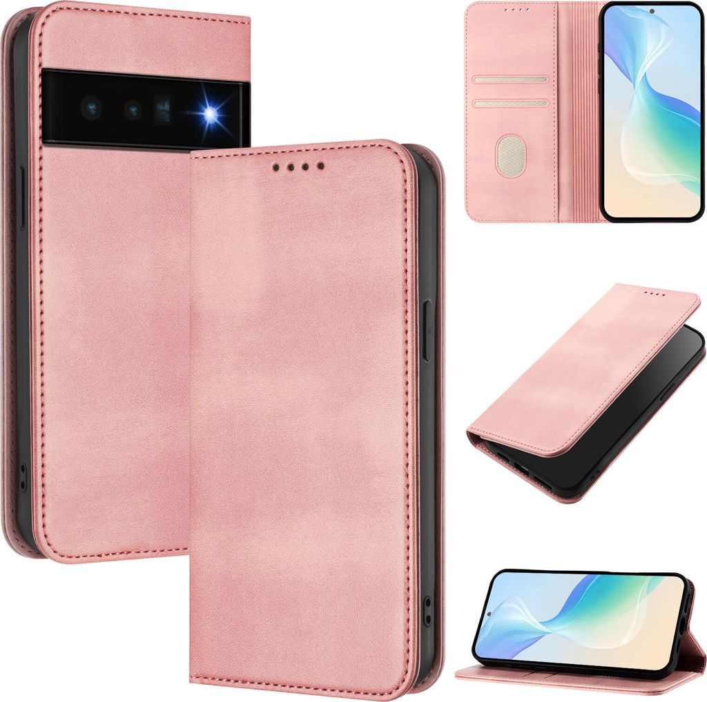 Handyhülle für Google Pixel 6 Pro, Vintage Leder RFID Schutz Kartenfach Standfunktion Magnetische Klapphülle Pink