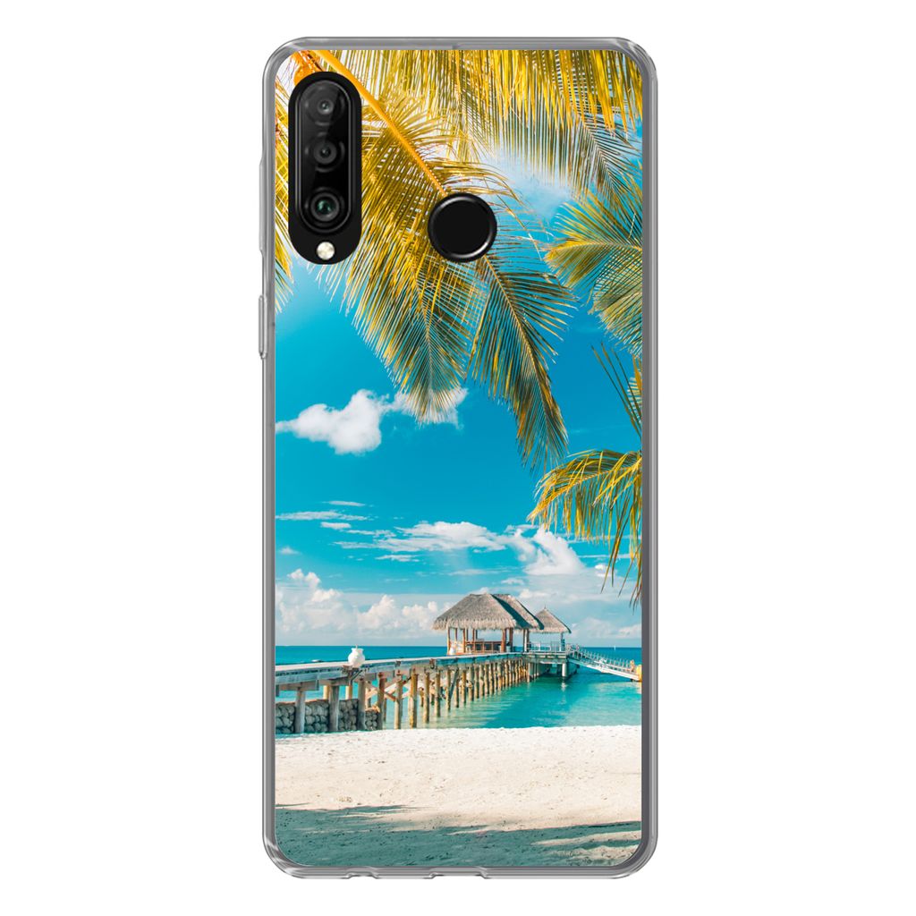 MuchoWow Handyhülle Schutzhülle Hülle für Huawei P30 Lite Tropisch - Strand - Palme Silikon Softcase Handy Hülle - Handyhülle
