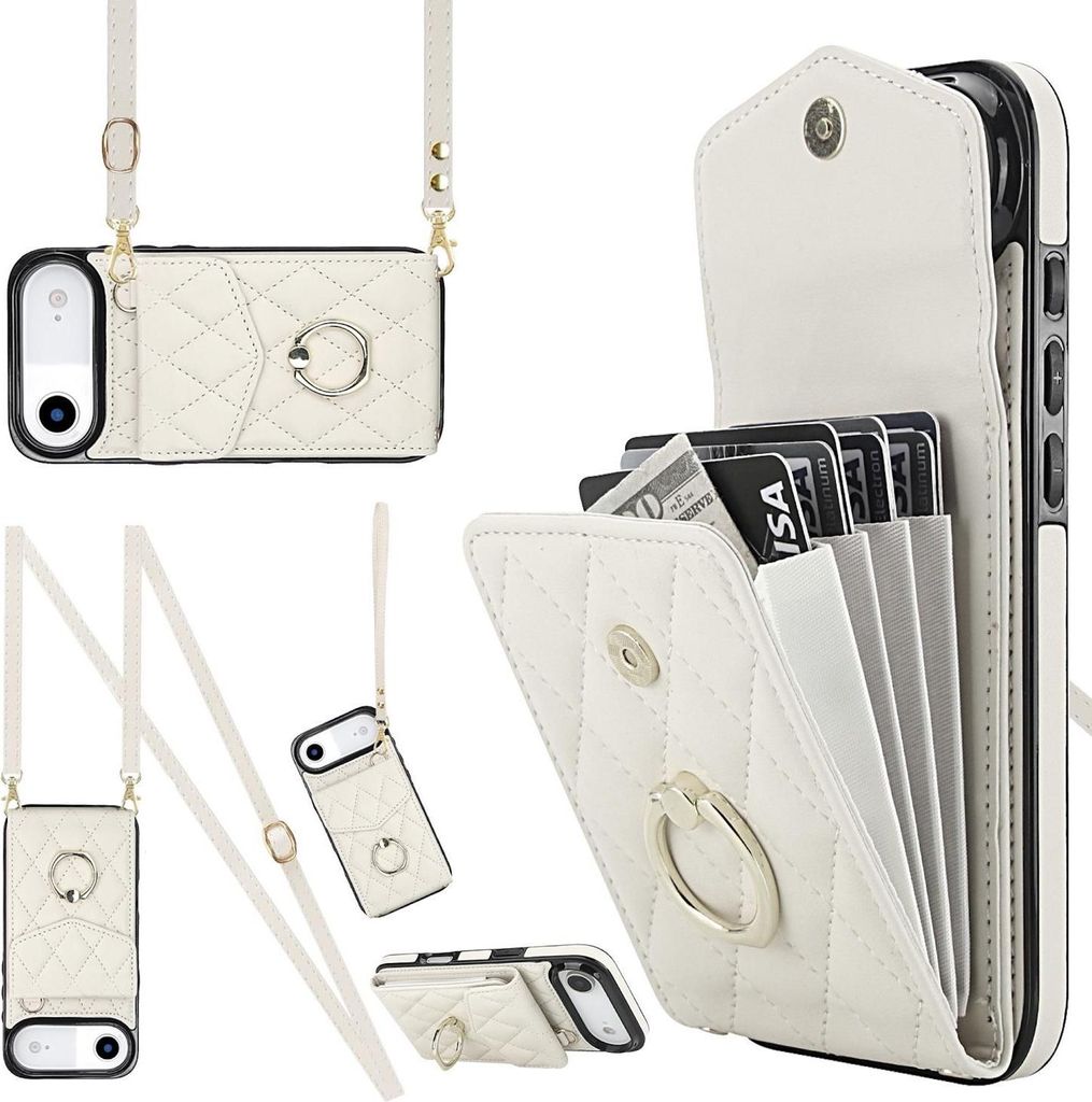 Crossbody Kunstleder Hülle für Apple iPhone 17 Air mit Rhombic Muster & RFID Kartenfach Weiß