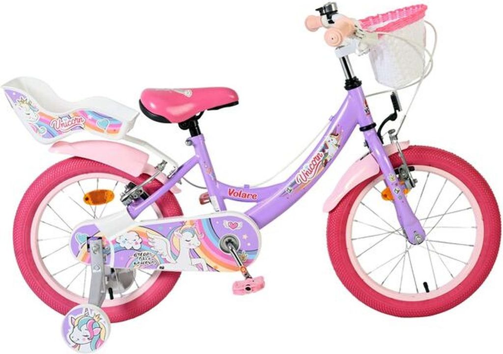 Volare Unicorn Kinderfahrrad - Mädchen - 16 Zoll - Lila - Zwei Handbremsen