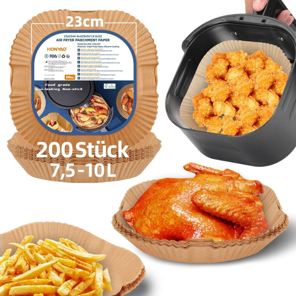 Airfryer Backpapier 23x23 cm, Dickeres Eckig Papier für Heißluftfritteuse 7,5-10 L Quadrat 200 Stück Luftfritteuse Pergamentpapier Kompatibel mi...