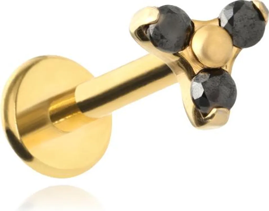 Labret titane anti-irritation et or 18 carats zircons noirs 6 mm