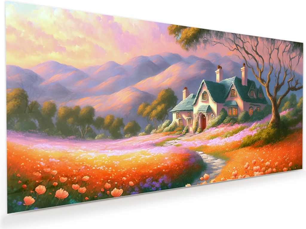 Glasbild Wandbild Landhäuschen mit Blumen 60x30cm in XXL für Wohnzimmer, Schlafzimmer, Badezimmer, Flur
