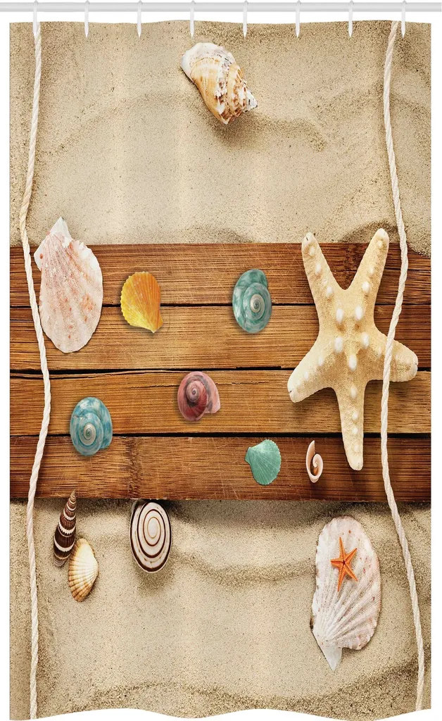 ABAKUHAUS Tenda da doccia stretta, tavoletta rustica con conchiglie, set decorativo per bagno in tessuto con ganci, 120 x 180 cm, multicolore