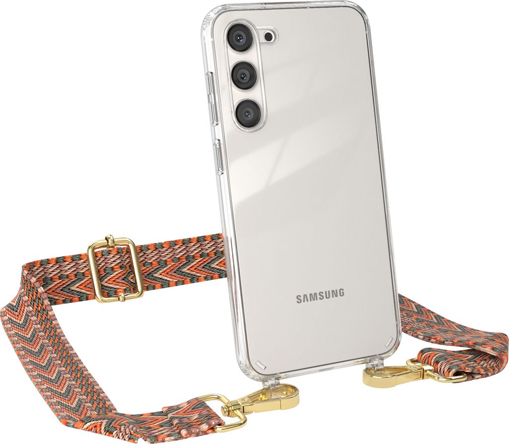 A transparent phone case with a decorative strap attached to it, shown against a white background.