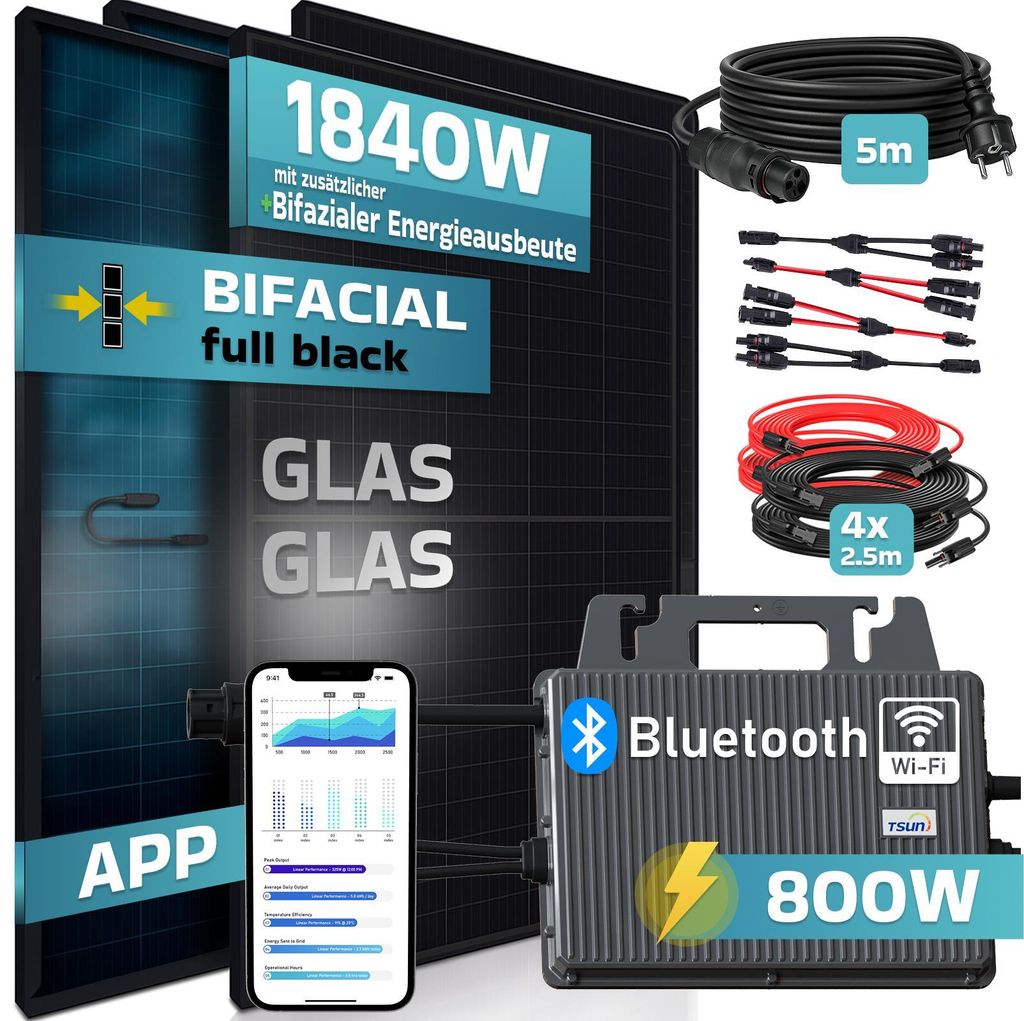 SUNNIVA 1840W Balkonkraftwerk BIFAZIAL FULLBLACK komplett Steckdose TSUN 800W Wechselrichter, PV Solaranlage, 5m Kabel, Bluetooth WIFI
