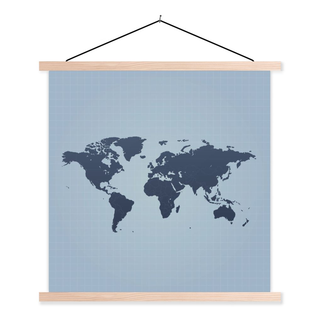 MuchoWow Textilposter Weltkarte - Minimalismus - Blau 40x40 cm mit holzfarbenen Rahmen - Posterleiste