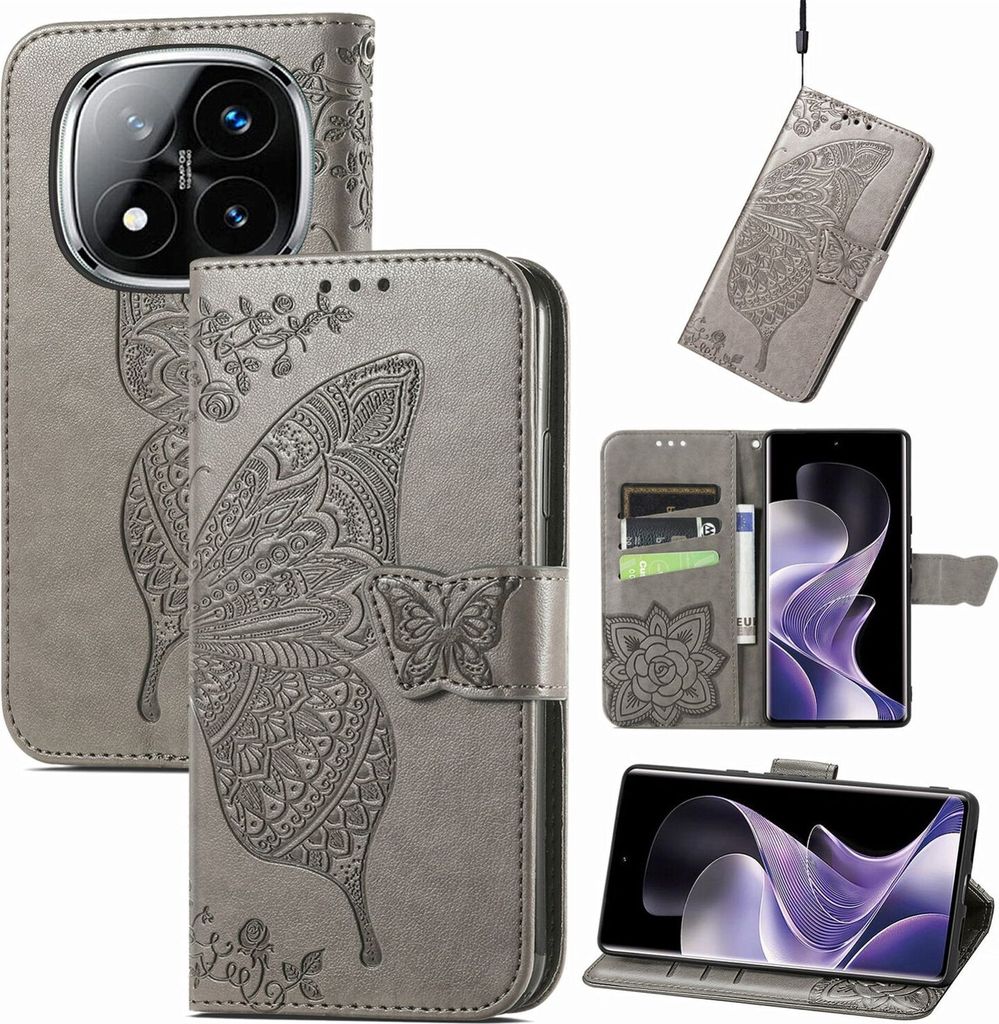Für Xiaomi Redmi Note 14 Pro 5G Kunstleder Wallet Handy Tasche Schmetterling Design Hülle Etuis Grau