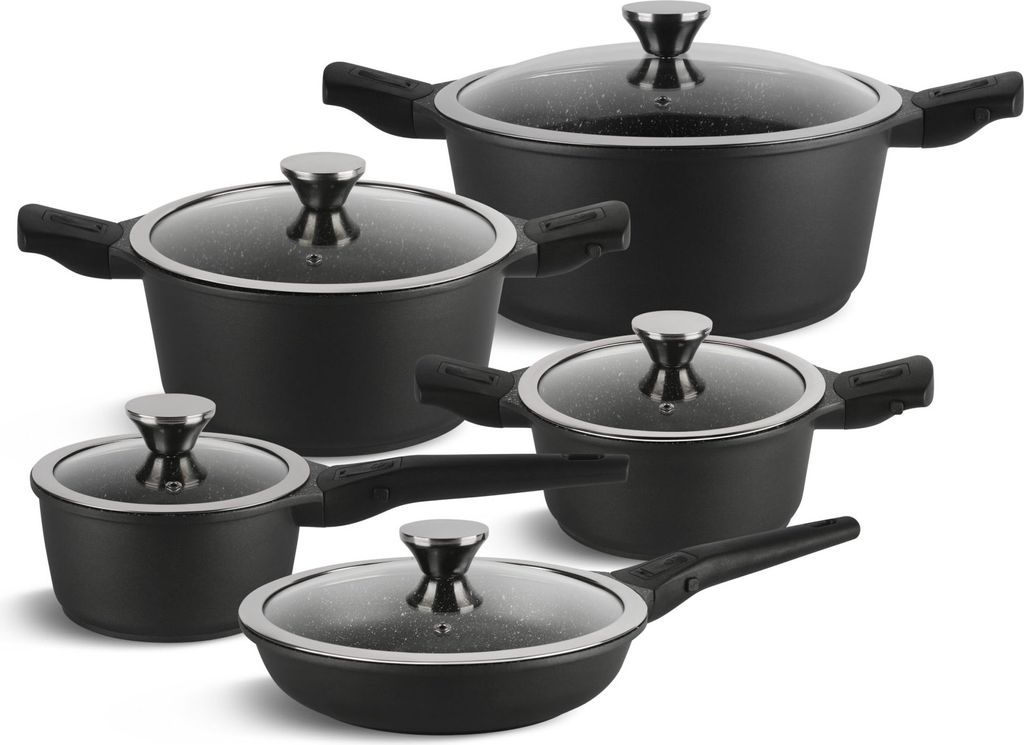 A set of black cookware with glass lids and silver handles, arranged in a studio setting against a white background.