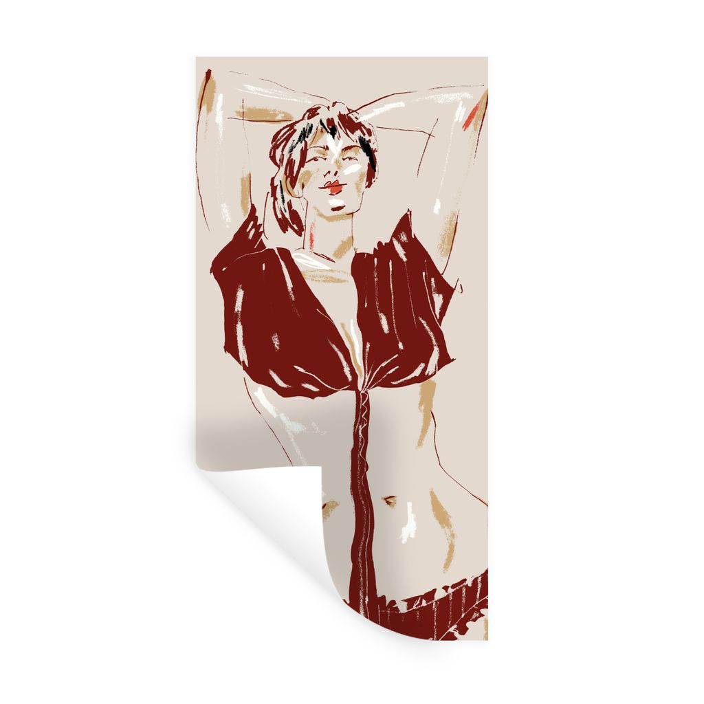 MuchoWow Wandtattoo Wandsticker Wandaufkleber Porträt - Frau - Rot - Abstrakt 20x40 cm Selbstklebend und Repositionierbar - Selbstklebend - Foto...