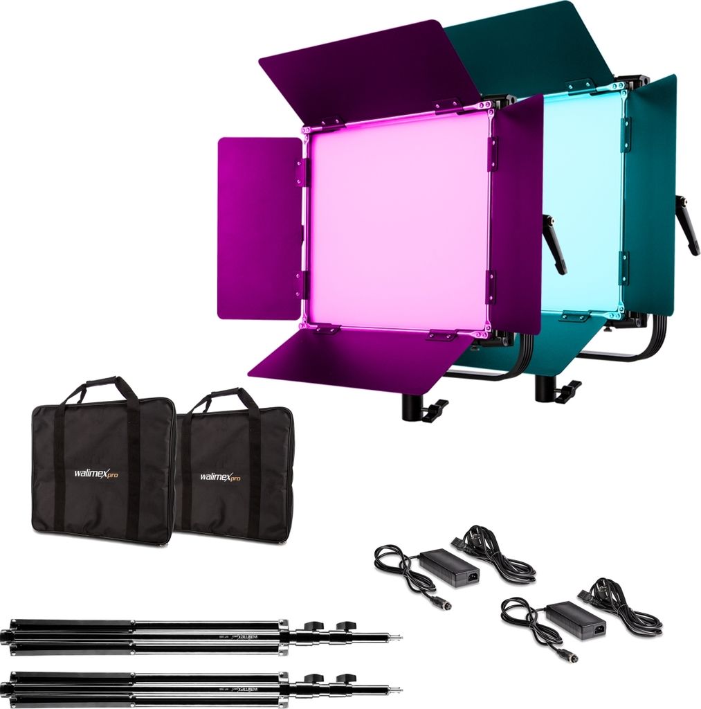 Walimex pro LED Rainbow 50W RGBWW Set - bestehend aus 2 Leuchten, Abschirmklappen, Netzteil, Transport- und Aufbewahrungstasche, Lampenstativ inkl....