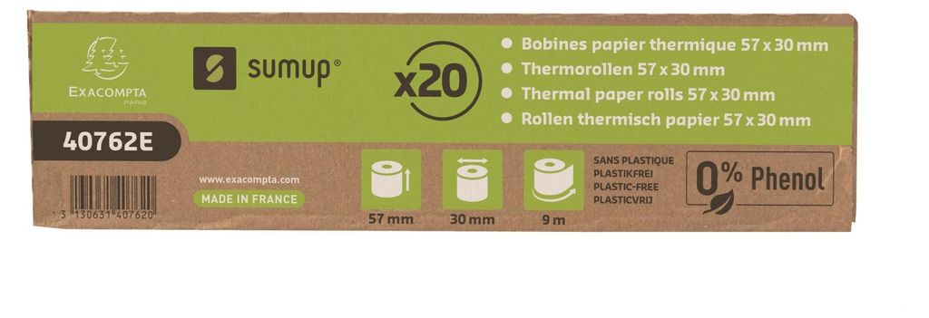 The image shows the packaging of thermal paper rolls, with product details and specifications printed on it.