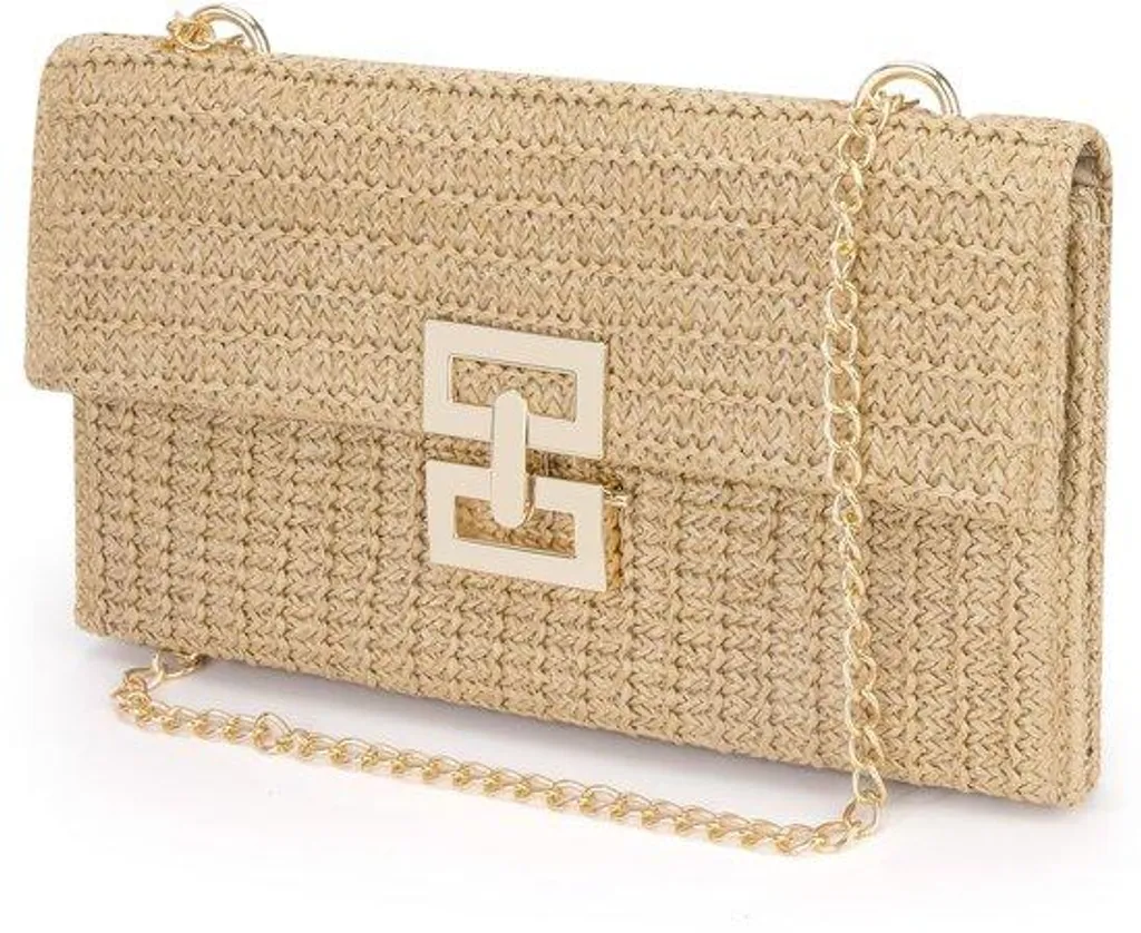 Sac de plage en paille marron et bandoulière chaîne chic vacances
