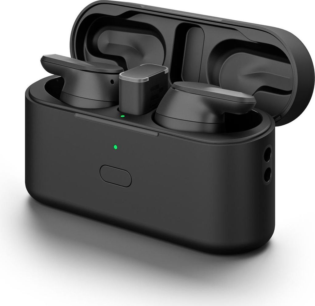A pair of black true wireless earbuds in their charging case.