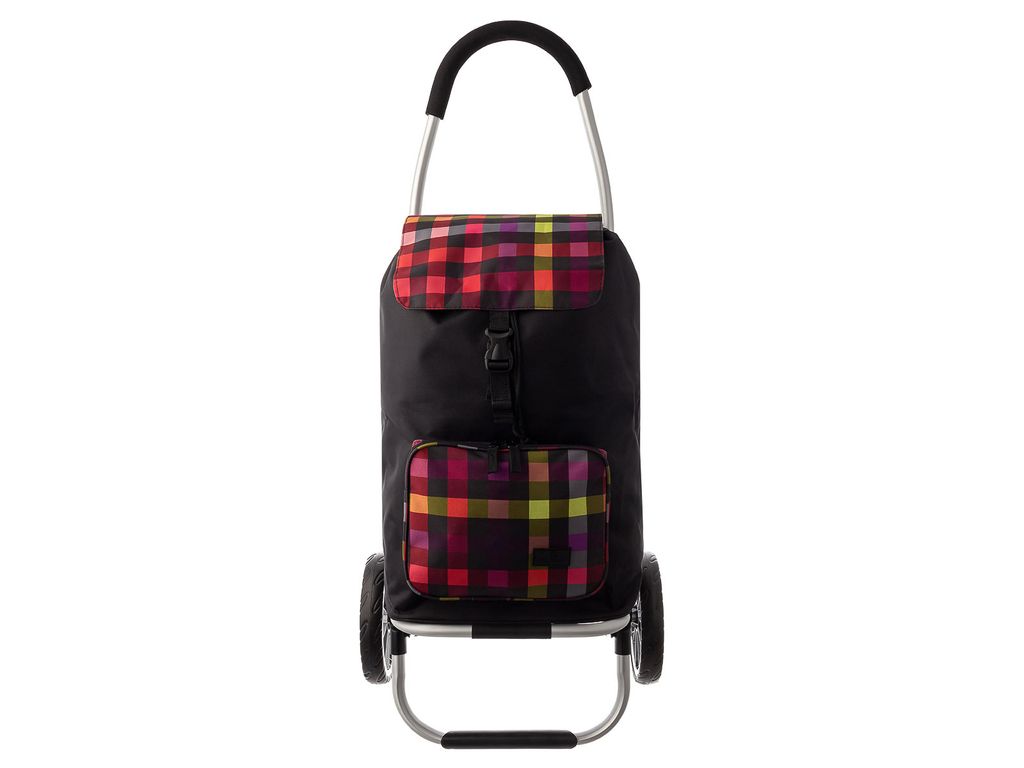 A shopping trolley with a black body and a colorful checkered pattern on the flap and pocket.