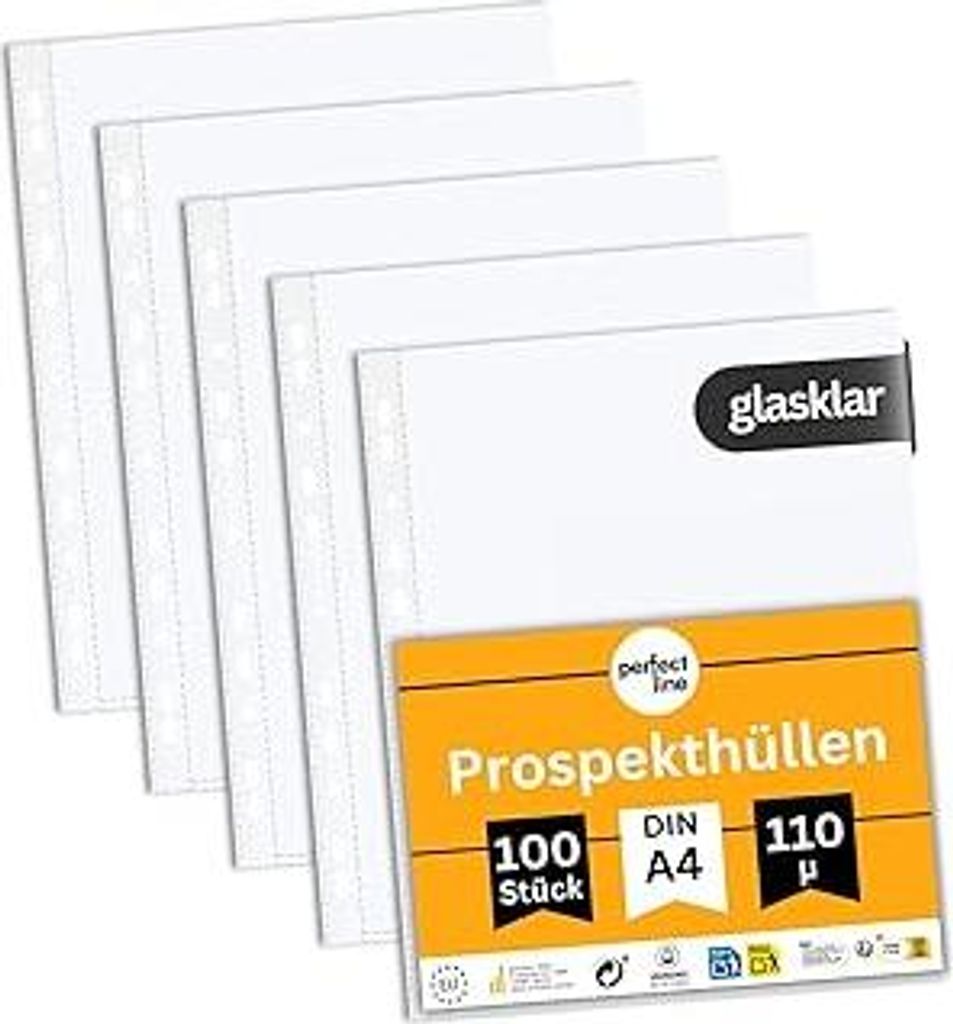 perfect line - 100 Prospekthüllen A4, Klarsichtfolien Glasklar, Extra-Stark, 110 my, dokumentenecht, säurefrei - (1 x 100 Stk.)