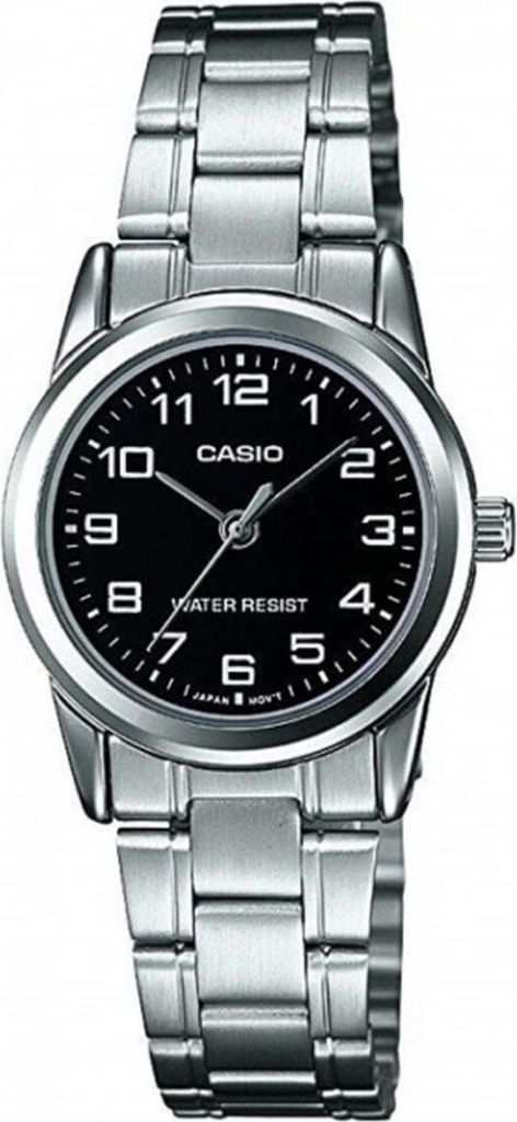 A close-up studio shot of a silver Casio watch with a black face.