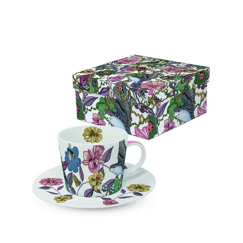 2-tlg., PPD Porzellan, Mug, Espressotasse aus New Bone China Füllmenge: 0,1 l, H 5,5cm, ø 6,3 cm, Vogel, Blumen, Sommer, Libelle, Frühling
