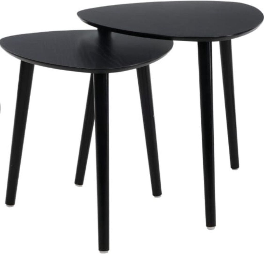 Two black nesting tables with triangular tops and three legs each, shown against a white background.