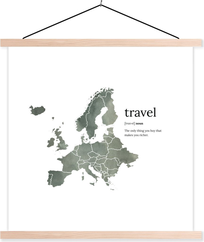 MuchoWow Textilposter Europa-Karte - Aquarell - Zitate 60x60 cm mit holzfarbenen Rahmen - Wanddekoration