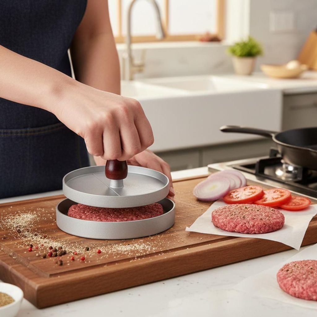 Hamburger-Form zum Auspressen von Hand, mit Holzgriff