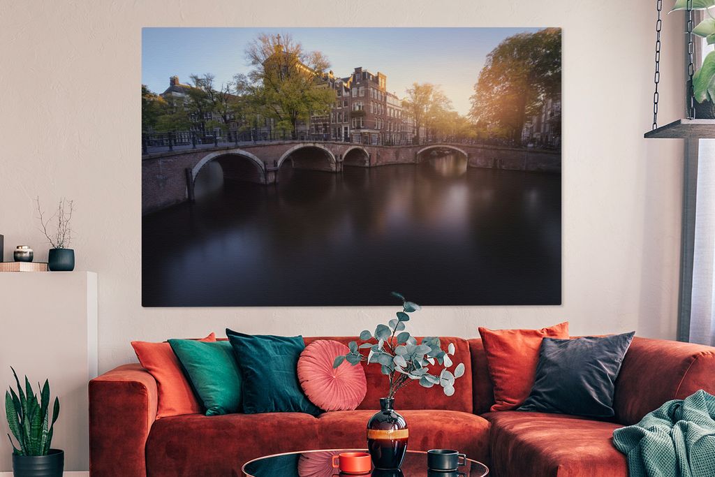 OneMillionCanvasses - Leinwandbilder - 150x100 cm, Ein Sonnenuntergang über der Keizersgracht in Amsterdam, Wandbilder Kunstdruck Wanddekoration
