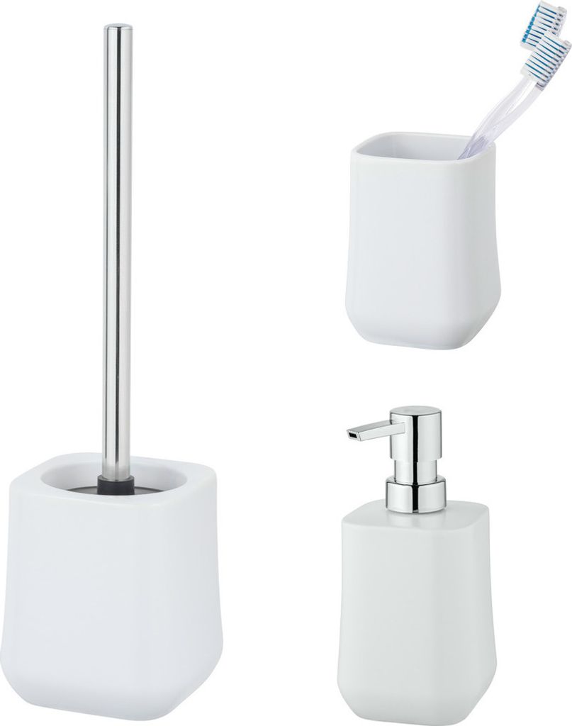 Schöner Wohnen Keramik Bad-Accessoire Set Adine Weiß WC-Garnitur Seifenspender Zahnputzbecher