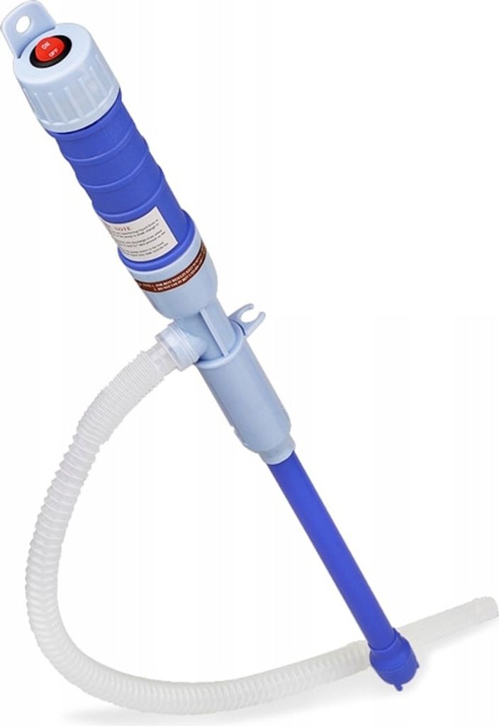 A blue and light blue electric pump with a white corrugated hose.