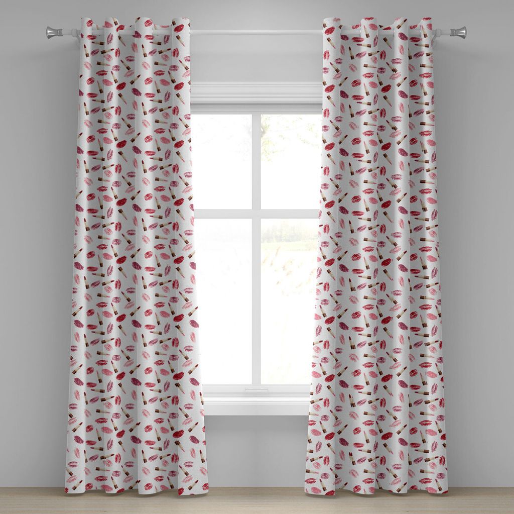 ABAKUHAUS Kosmetika Ösenvorhang, Schönheits-Thema-Rosa und Burgunder-Lippenstift-und Kuss-Muster-Make-upkonzept, Dekorative 2-Panel-Fenstervorhä...