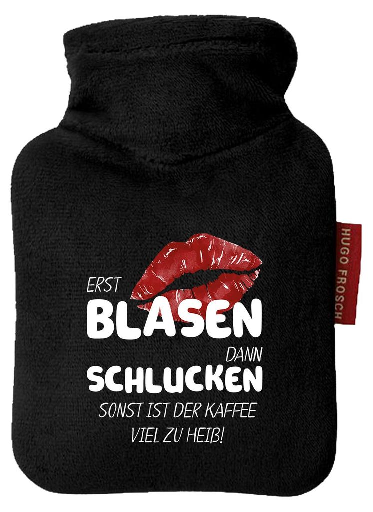 Huuraa Mini-Wärmflasche Erst blasen dann schlucken, sonst Kaffee zu heiß 0,2 Liter Black Mini Veloursbezug Taschenwärmer Geschenkidee