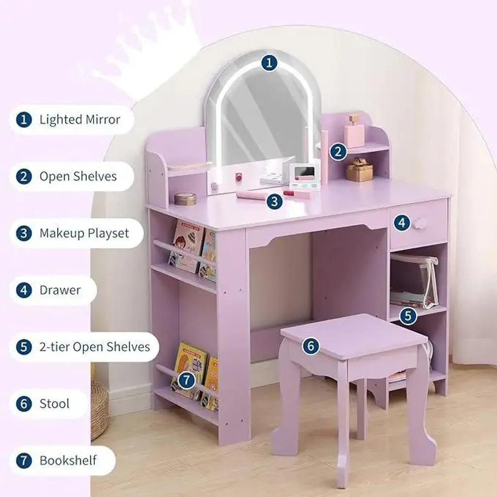 Petite coiffeuse bleue en bois pour chambre d'enfant avec miroir lumineux