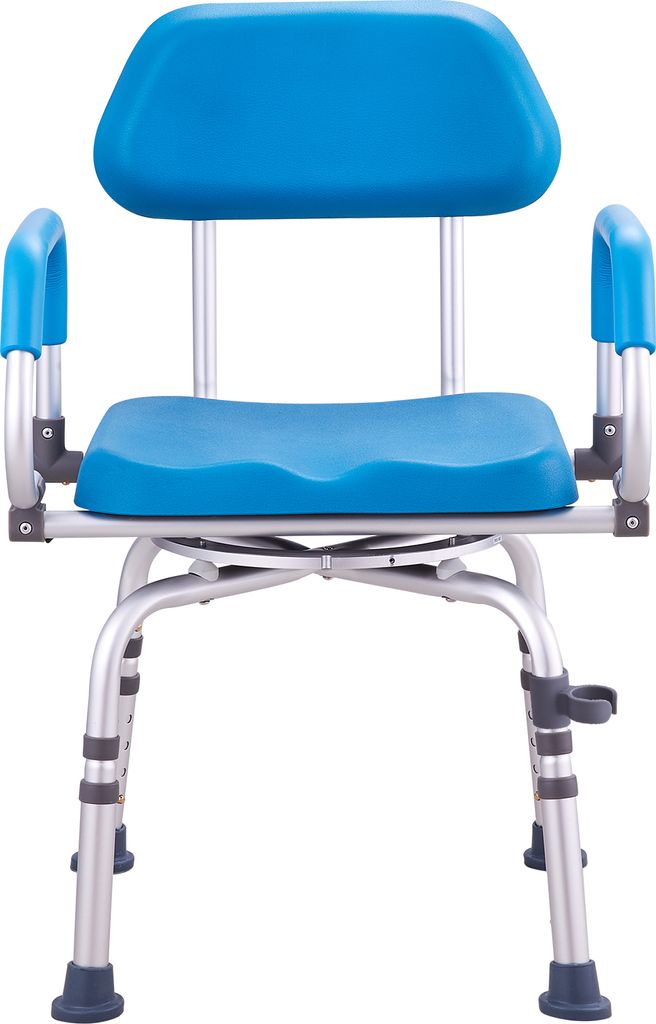 A front view of a blue and silver shower chair with armrests against a white background.