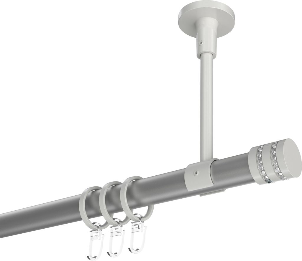 Interdeco Gardinenstange / Vorhangstange Silbergrau / Weiß, Typ Sonette Estana (Glitzerkappe) Deckenmontage, 20 mm Ø 1-läufig, 280 cm