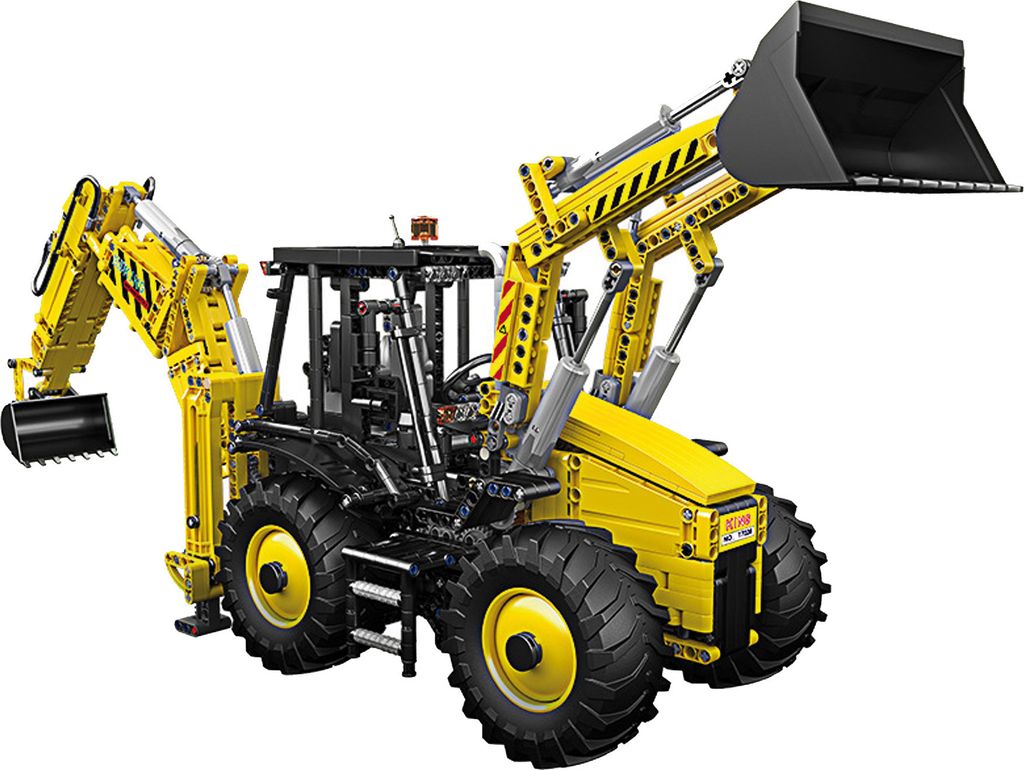 A yellow and black remote-controlled backhoe loader toy.