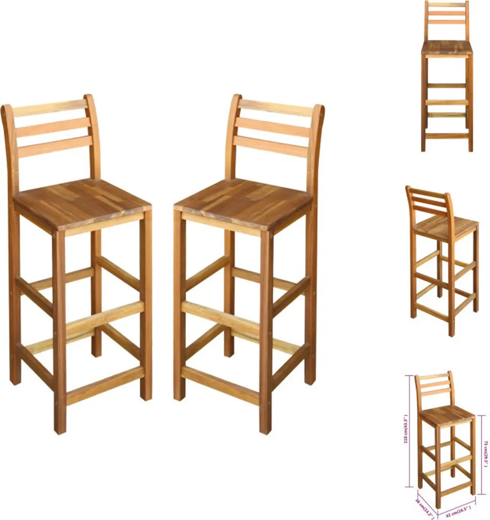Tabouret de bar pour terrasse et balcon en acacia massif - 2 unités