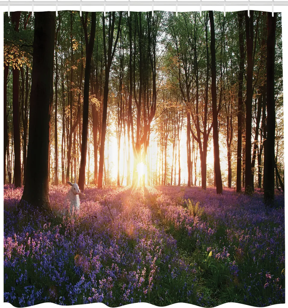 Rideau de douche textile décoratif forêt ensoleillée violet et vert