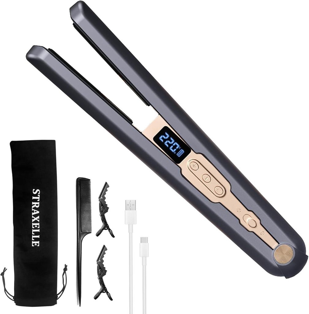 2 in 1 Glätteisen Locken und Glätten, 160°C-220°C Reise Glätteisen Kabellos 10000mAh Akku Haarglätter Tragbares mit LED Anzeige, 4 Einstellba...
