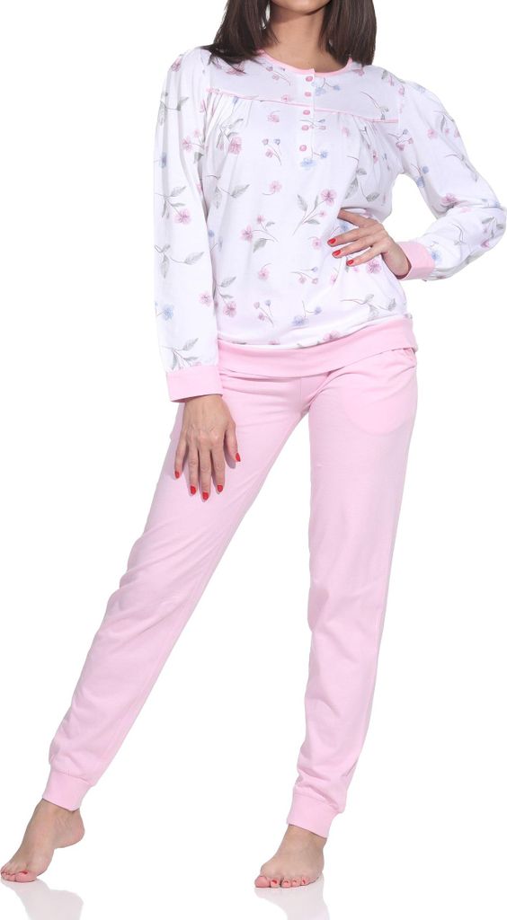 Normann Damen fraulicher Langarm Schlafanzug Pyjama mit Bündchen in Klassischer Optik ; rosa , 60