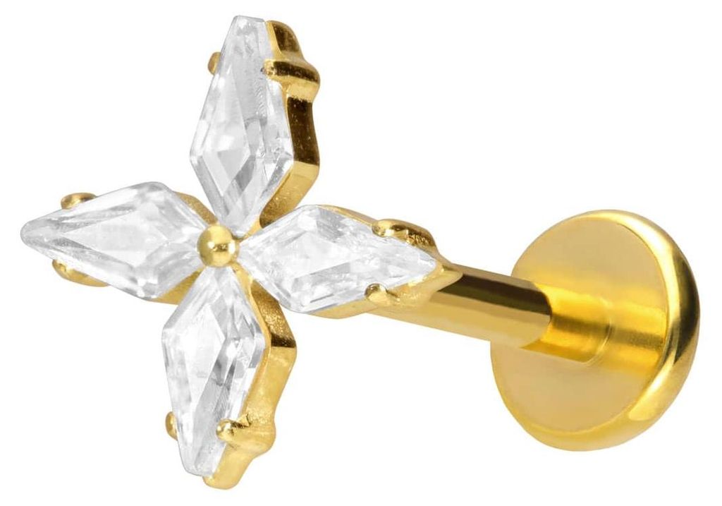Ohrpiercing, Nasenpiercing Titan Labret mit Push Fit KRISTALLSTERN Gold Stablänge: 10mm | Stabstärke: 1mm