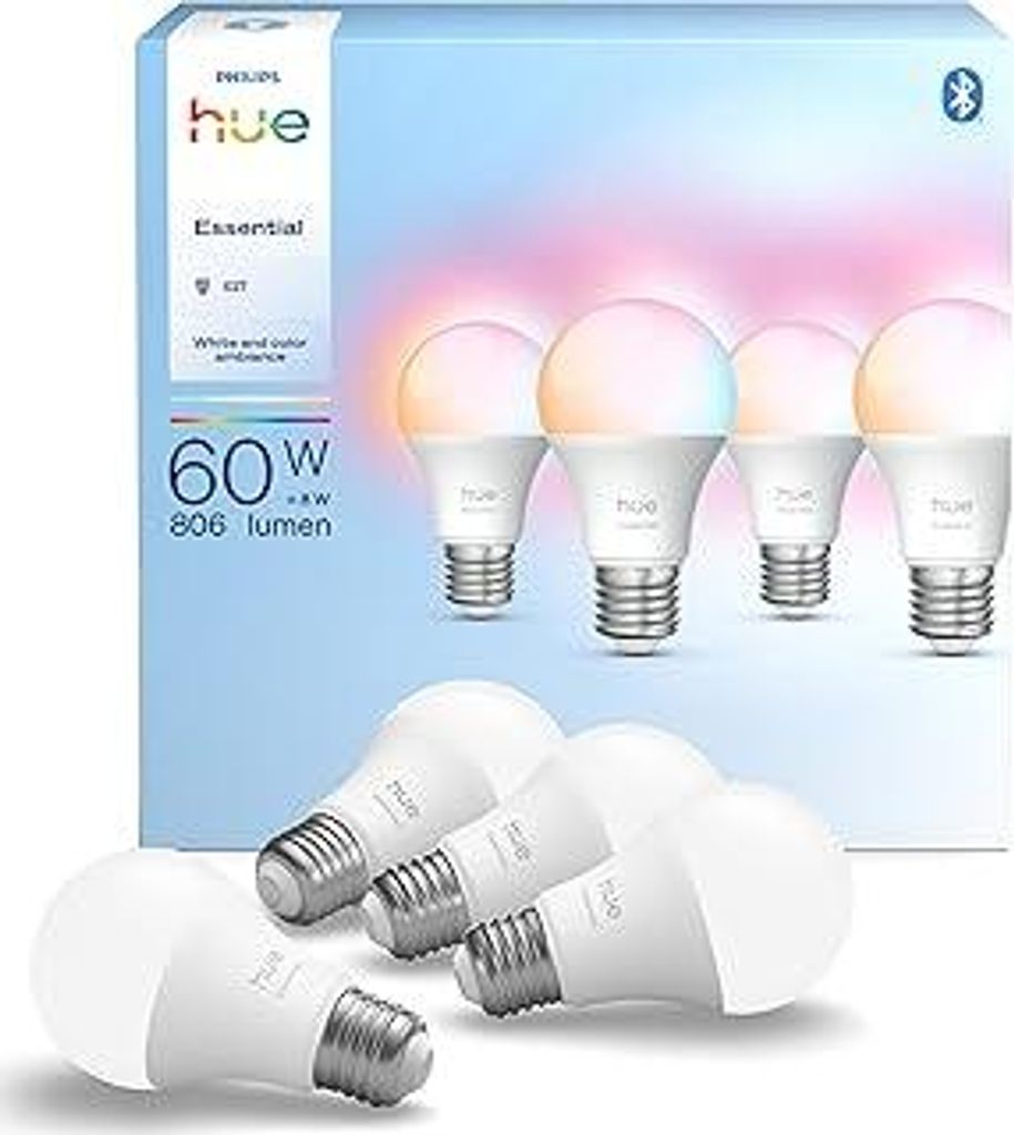 Philips Hue Essential Smart LED A60 Glühbirne,white and color, E27-Fassung, 8 W, 2200 K–6500 K, 806 lm, dimmbar, kompatibel mit Alexa, Google As...
