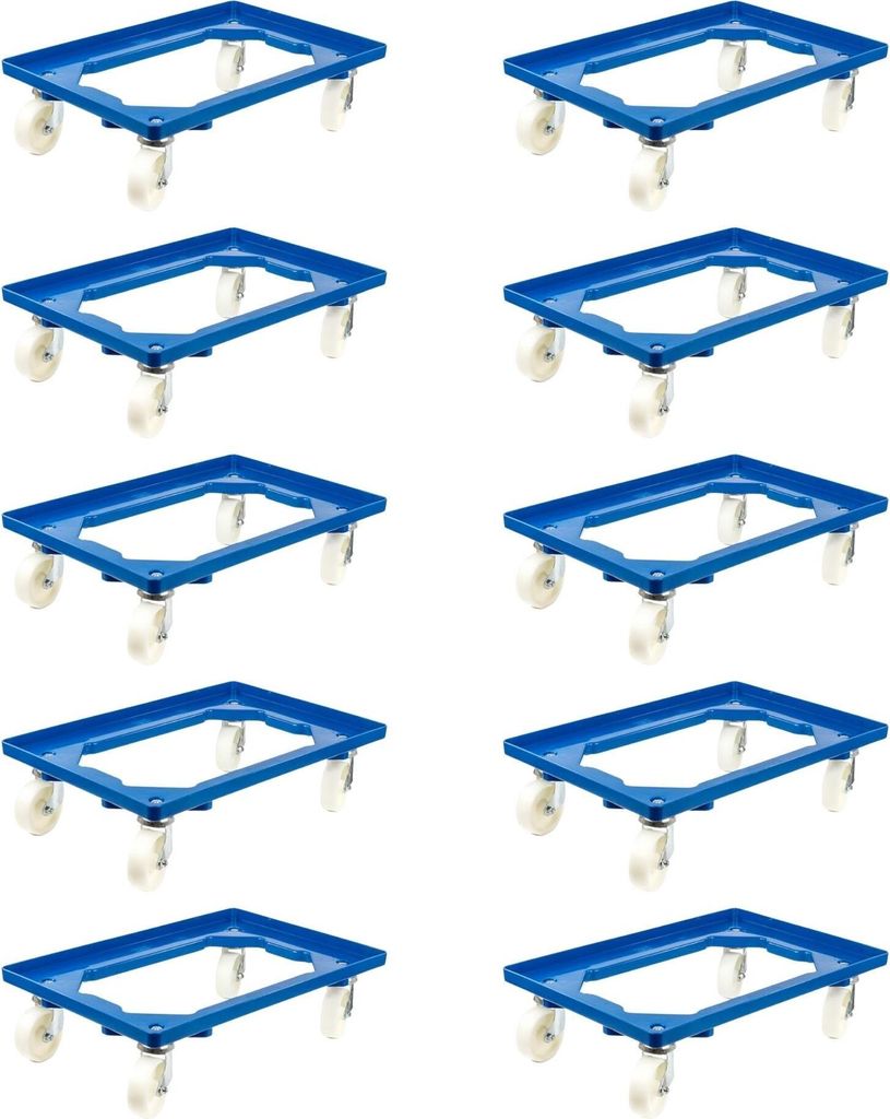 SparSet 10x Transportroller für Euroboxen 60x40cm mit Kunststoffräder blau | Offenes Deck | 4 Lenkrollen | Traglast 300kg | Kistenroller Logistik...