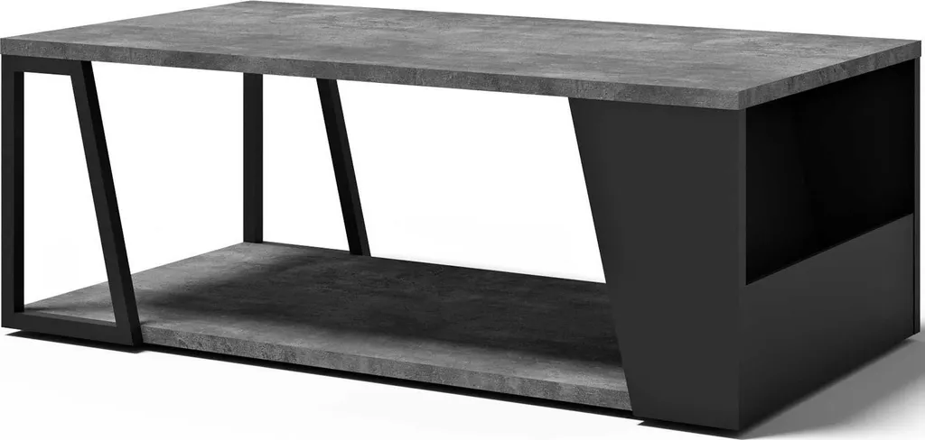 Table basse de salon rectangulaire décor béton et pieds noirs mats