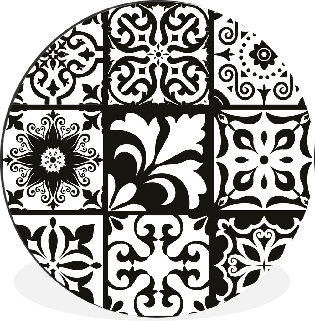MuchoWow Aluminium Wandkreis Muster - Schwarz - Weiß - Blumen - Abstrakt Ø 60 cm Wanddeko Modern Wohnzimmer - Wand Kreis - Wandbild - Schlafzim...