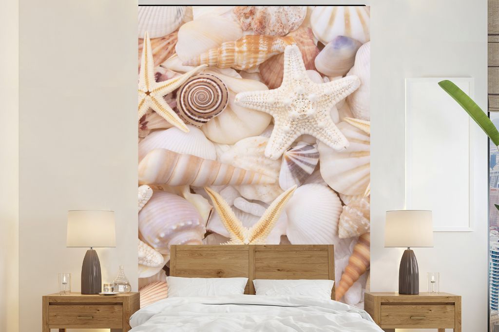 MuchoWow Fototapete für Wohnzimmer oder Schlafzimmer Wandtapete Vinyl Motivtapete Seestern - Muscheln - Strand - Sommer - 145x220 cm - Wanddekor...