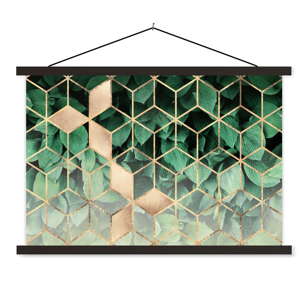 MuchoWow Textilposter Blätter - Gold - Würfel - Luxus 150x100 cm mit schwarzem Rahmen - Schlafzimmer